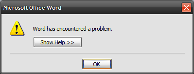 Word has encountered a problem.